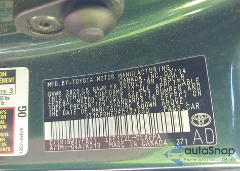 2014 Toyota Corolla Le Eco Plus из США, поврежденный, VIN 2T1BPRHE7EC127690